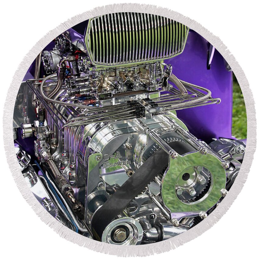 Metal Round Beach Towel featuring the photograph All Chromed Engine with Blower by Bob Slitzan