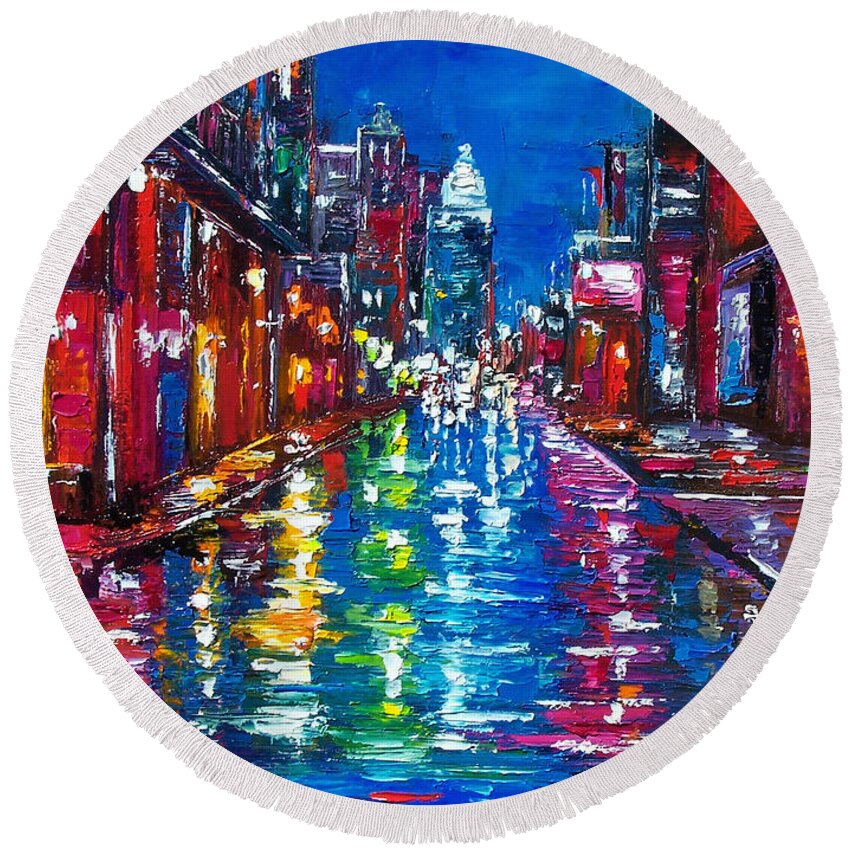 Cityscape Round Beach Towel featuring the painting All Night Long by Debra Hurd