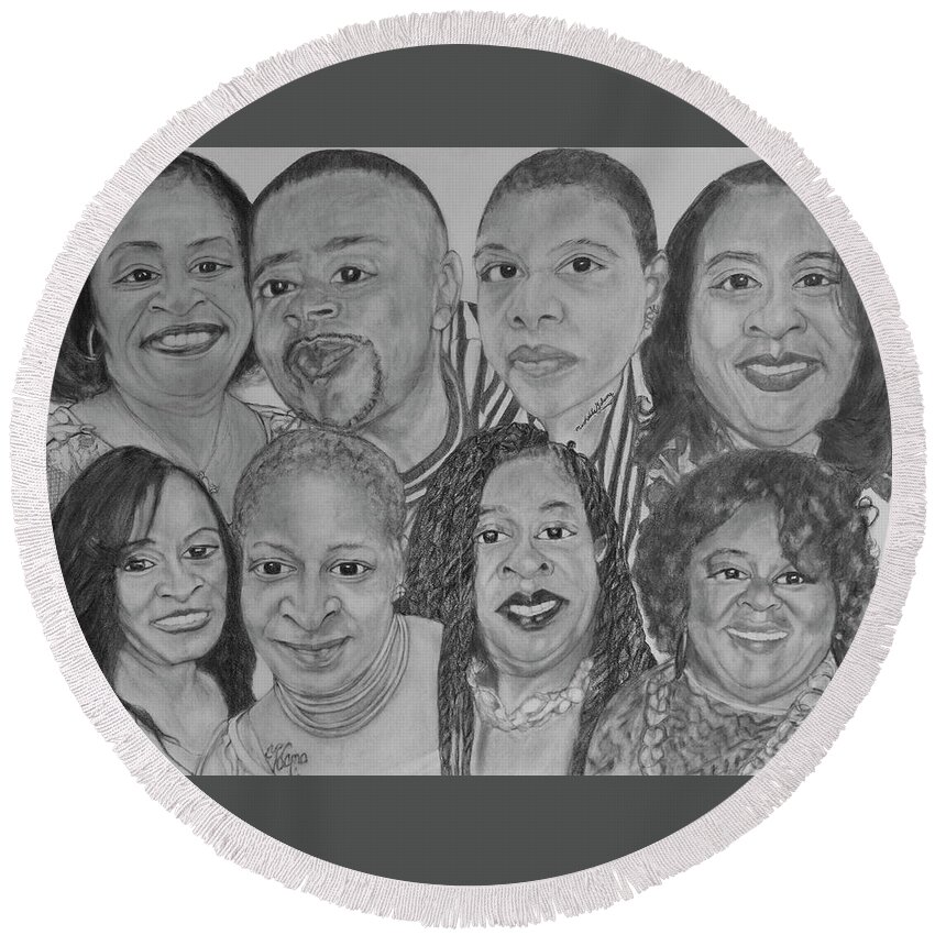 Graphite Round Beach Towel featuring the drawing All Of Us by Michelle Gilmore