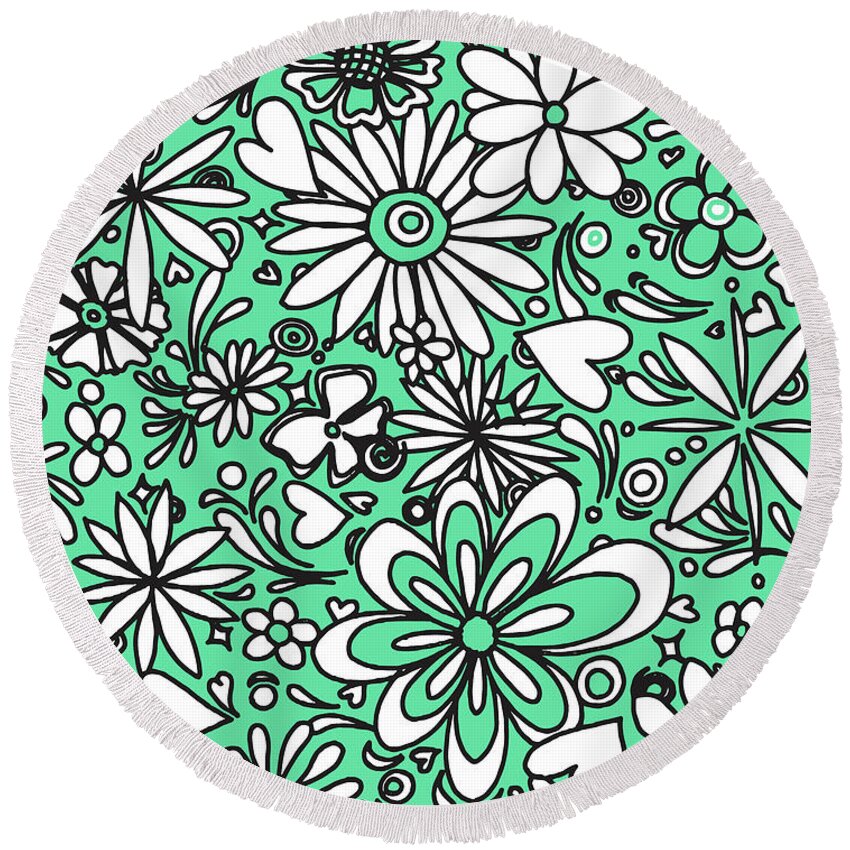 Aqua Round Beach Towel featuring the painting All Over Floral Flowers Heart Pattern Design Aqau and White by Megan Duncanson by Megan Aroon