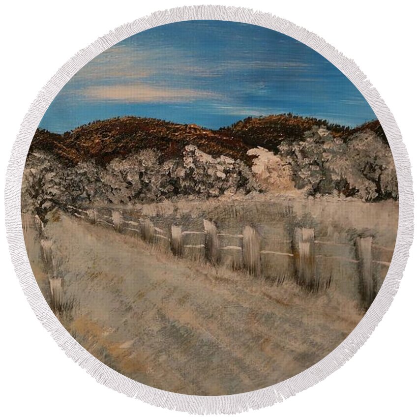 Landscape Round Beach Towel featuring the painting All Roads Lead to Frozen Ranch by Etta Harris