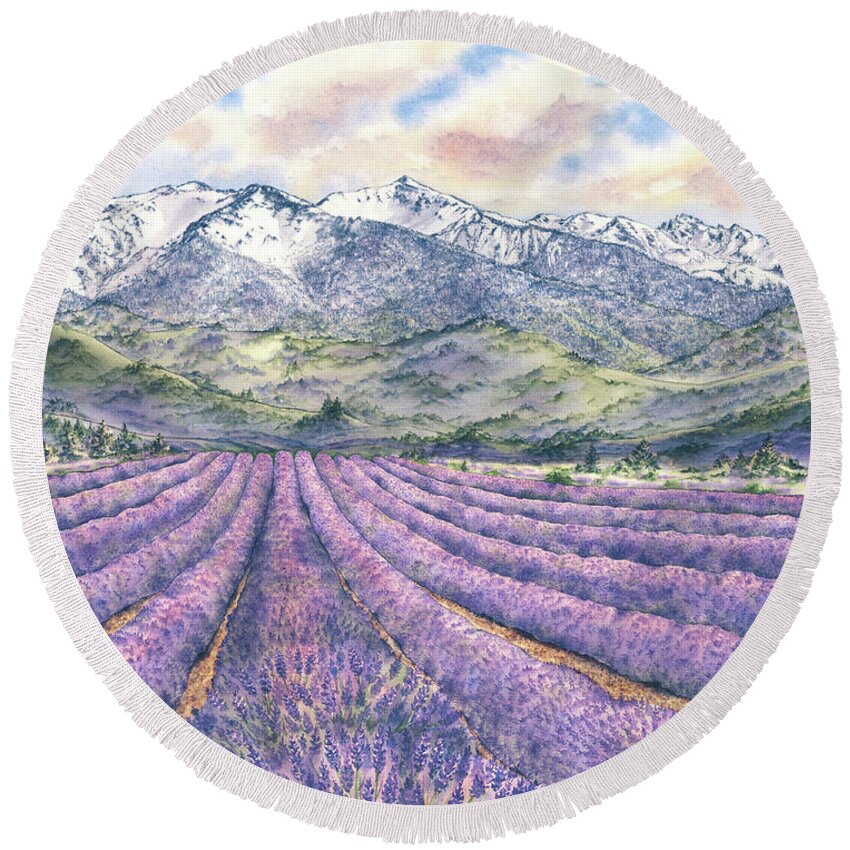 Lavender Round Beach Towel featuring the painting All Rows Lead to the Olympics by Julie Senf