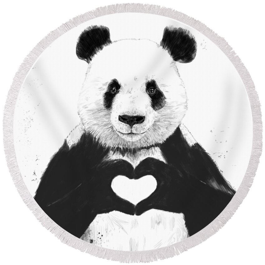 Panda Round Beach Towel featuring the painting All you need is love by Balazs Solti