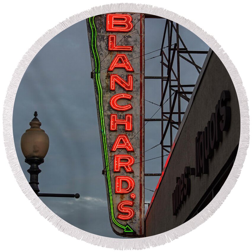 Allston Round Beach Towel featuring the photograph Allston MA Blanchards Sign by Toby McGuire