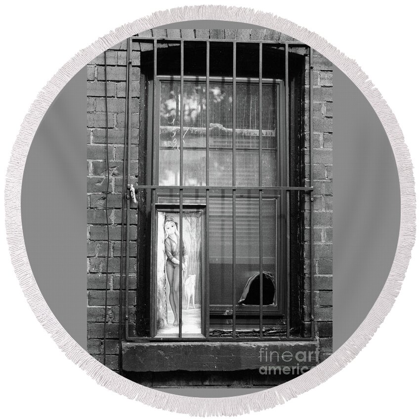 Black And White Window With Bars Round Beach Towel featuring the photograph Almost Home by Joe Pratt