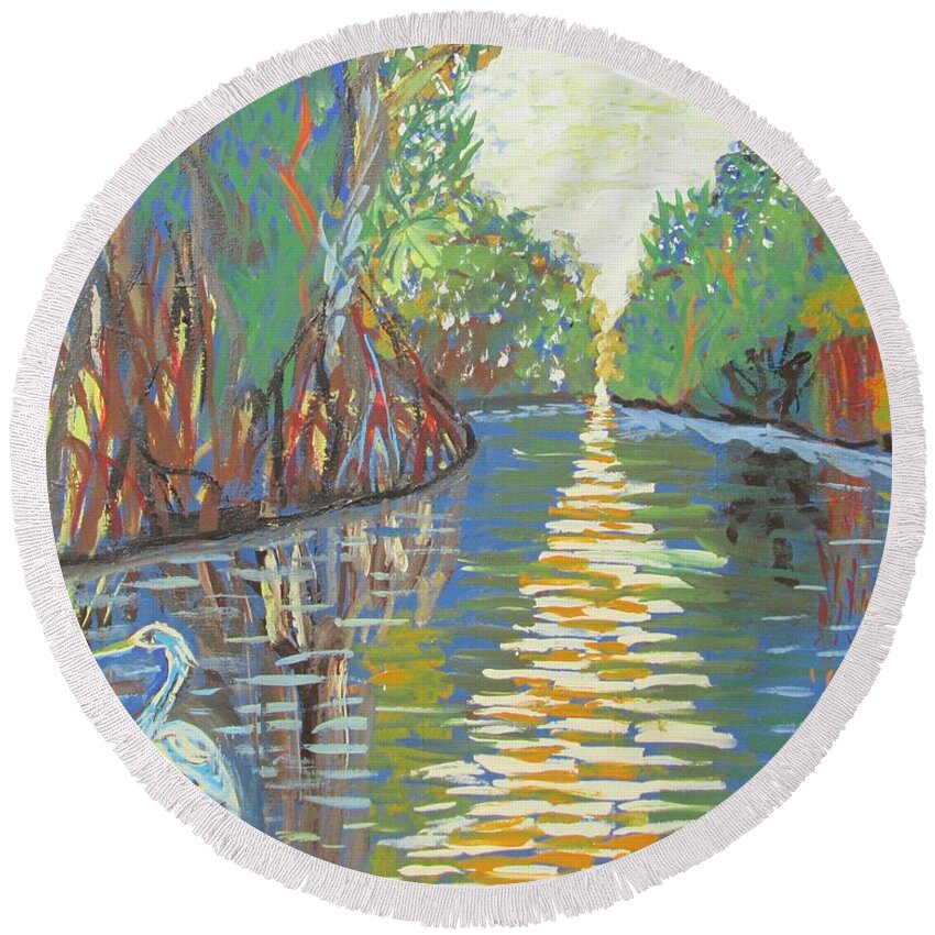 Blue Heron Round Beach Towel featuring the painting Alone by Jennylynd James