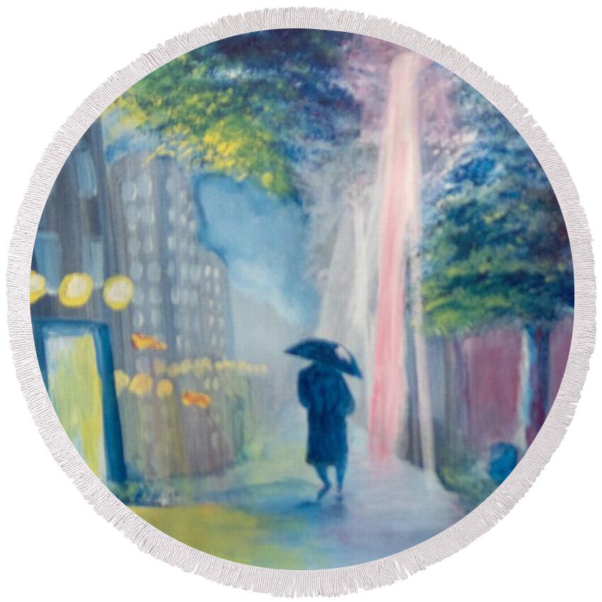 Cityscape Round Beach Towel featuring the painting Alone by Saundra Johnson