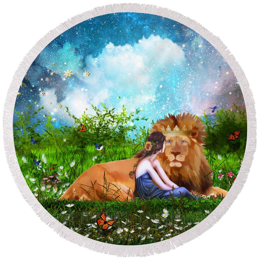 Lion Of Judah King Of Heaven Lord Of Lord Garden Chat Round Beach Towel featuring the digital art Alone with the King by Dolores Develde