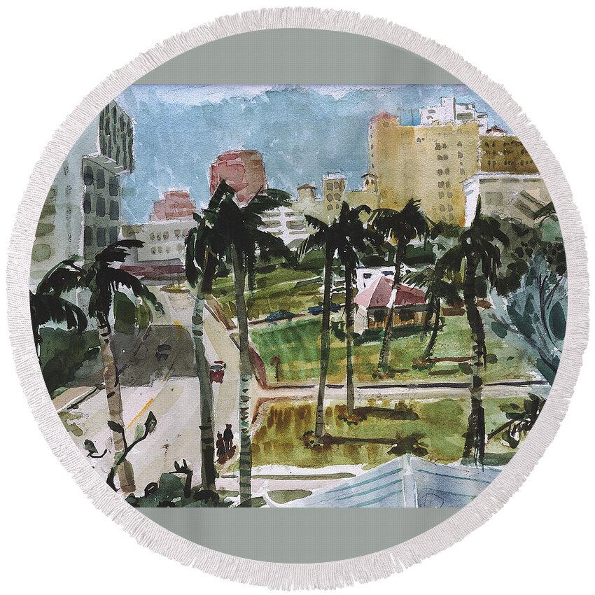 City Round Beach Towel featuring the painting Along Flagler Drive by Thomas Tribby