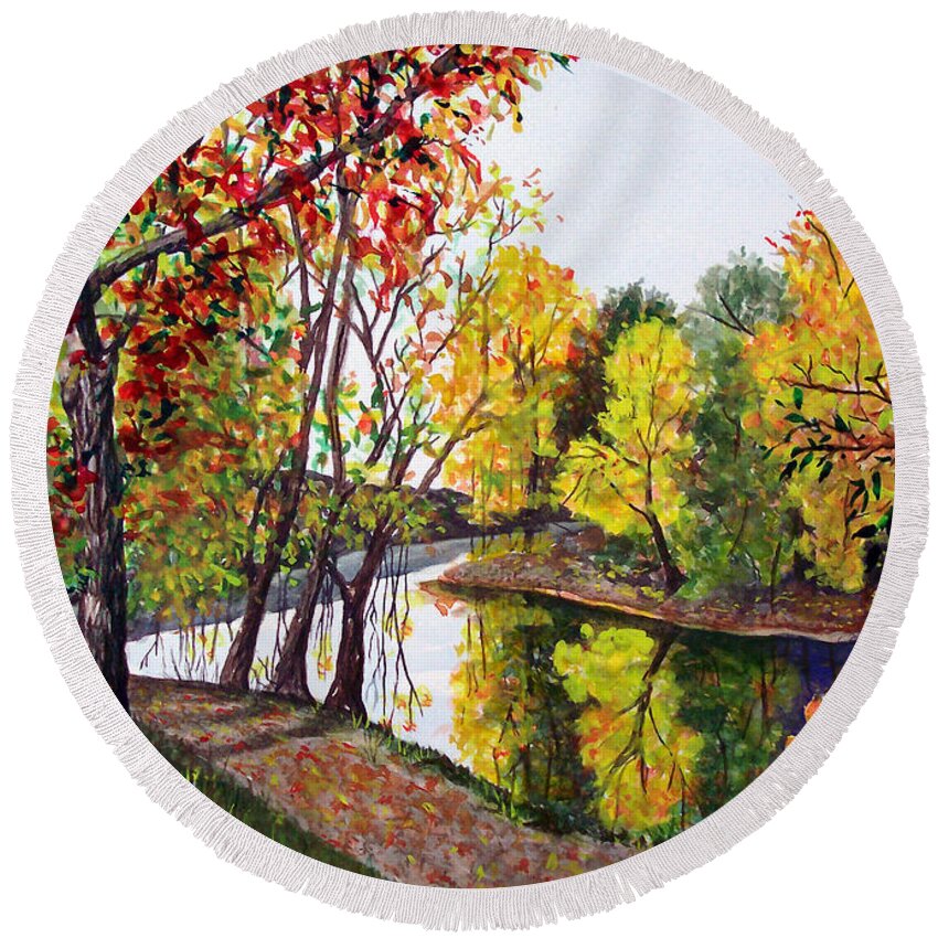 Blanchard River Round Beach Towel featuring the painting Along The Blanchard by Nancy Cupp