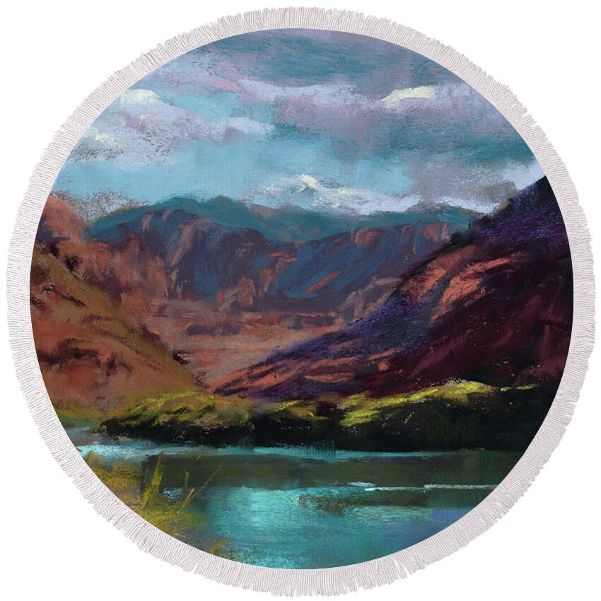Colorado River Round Beach Towel featuring the painting Along the Colorado by Mary Benke