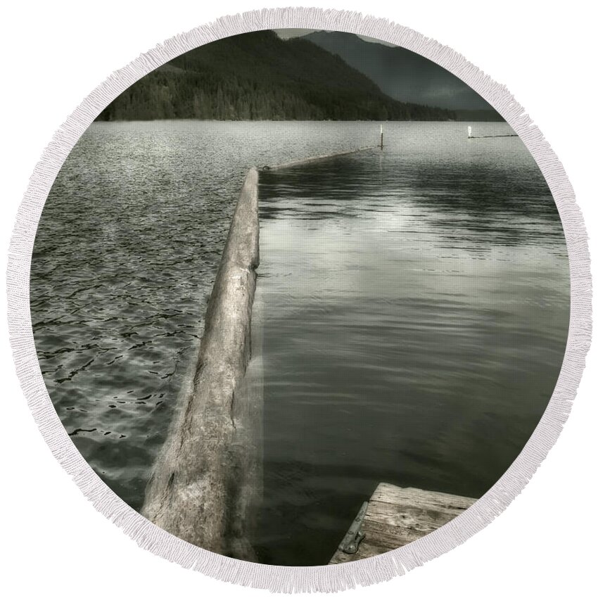 Washington Round Beach Towel featuring the photograph Along the Washington Coast - Dock, Breakwater, and Mountains by Mitch Spence