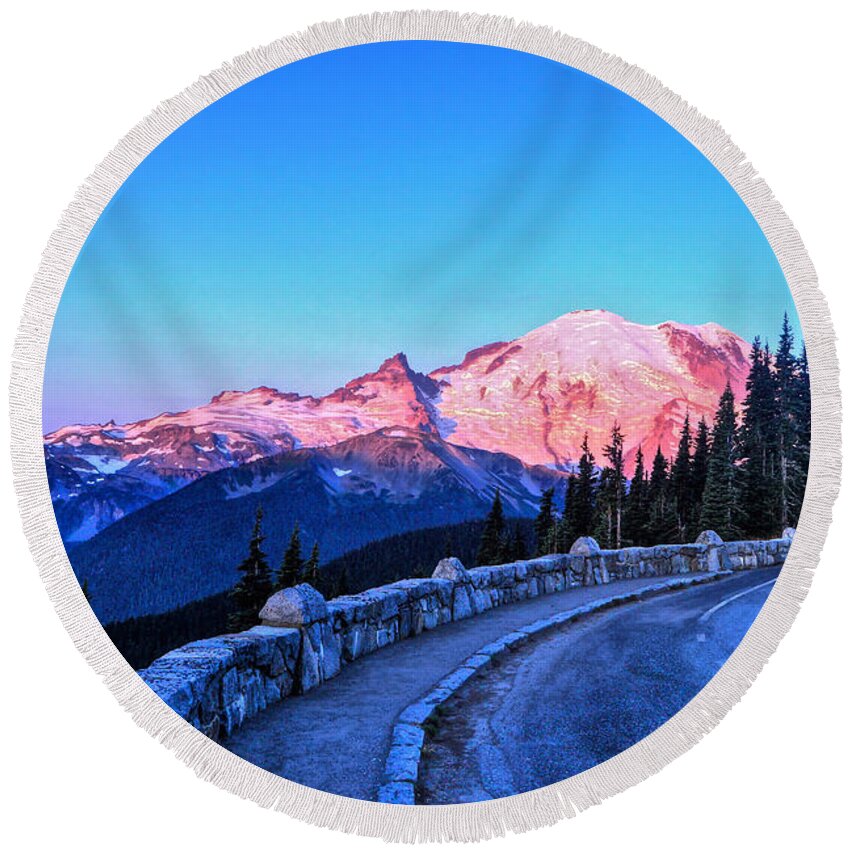 Mt. Rainier National Park Round Beach Towel featuring the photograph Alpenglow at Mt. Rainier by Don Mercer