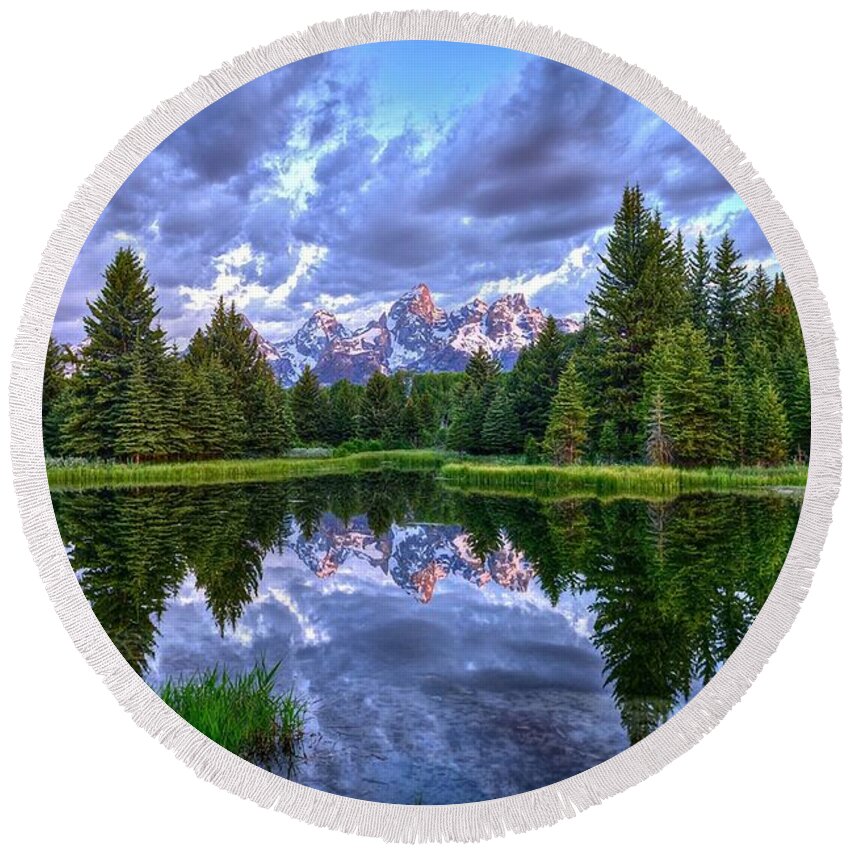 Grand Teton National Park Round Beach Towel featuring the photograph Alpenglow in the Tetons by Don Mercer