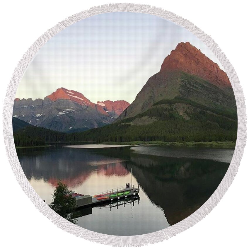 Glaciernps Round Beach Towel featuring the photograph #alpenglow #parkitecture by Patricia And Craig