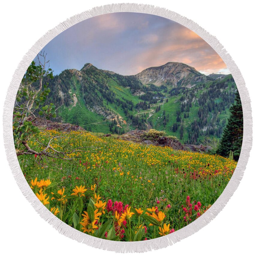 Wildflower Round Beach Towel featuring the photograph Alta Wildflowers and Sunset by Brett Pelletier