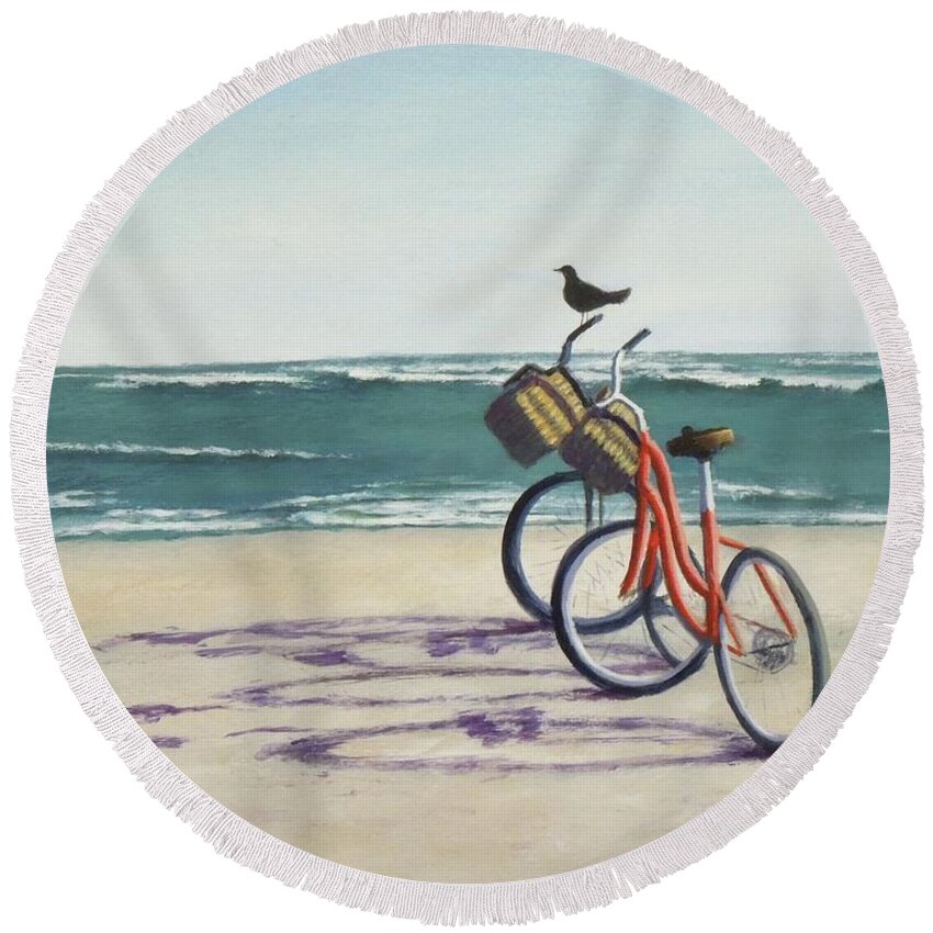 Red Bikes Round Beach Towel featuring the painting Alternate transportation by Phyllis Andrews