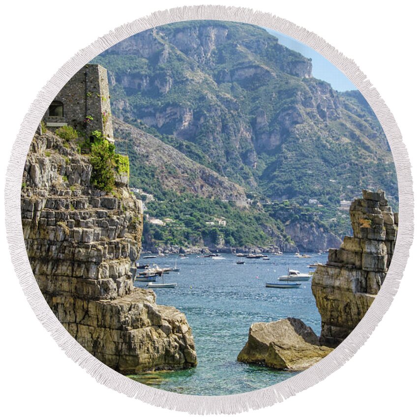 Positano Round Beach Towel featuring the photograph Amalfi fortress by Maria Rabinky