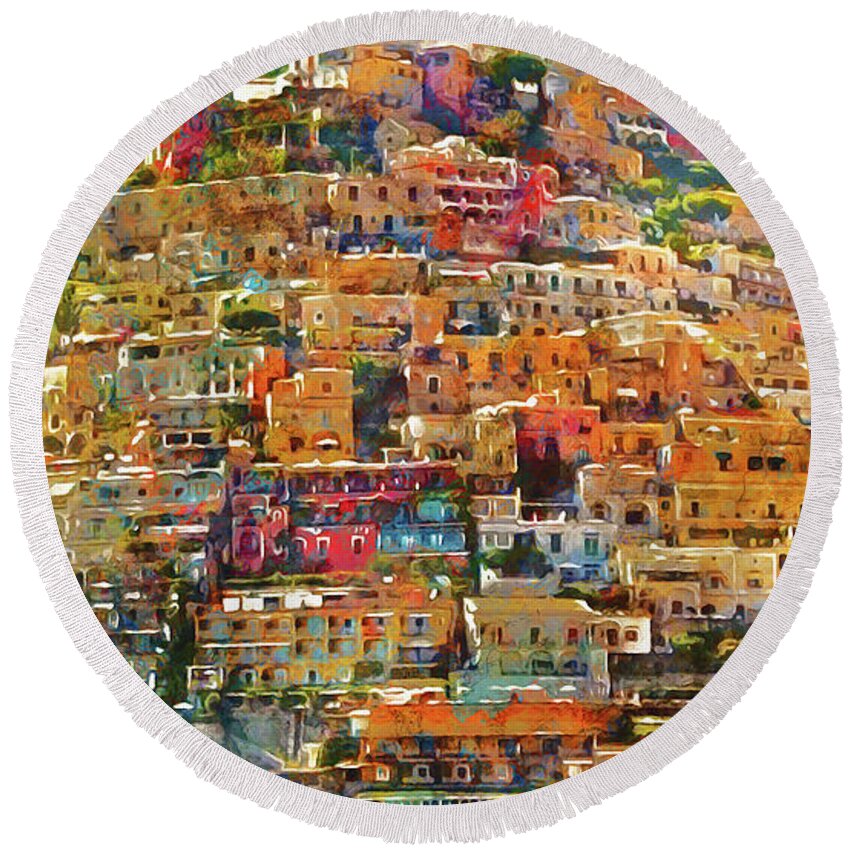 Italy Round Beach Towel featuring the painting Amalfi, Italy - 02 by AM FineArtPrints