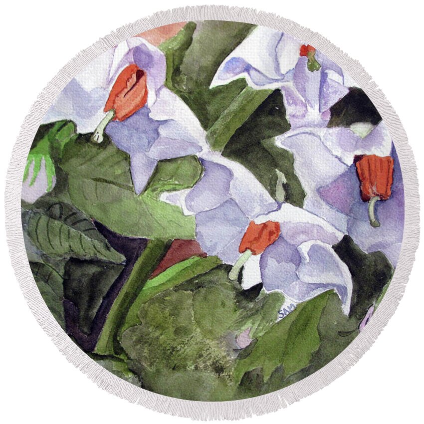 Flower Round Beach Towel featuring the painting Amanda's Blue Potato Flowers by Sandy McIntire