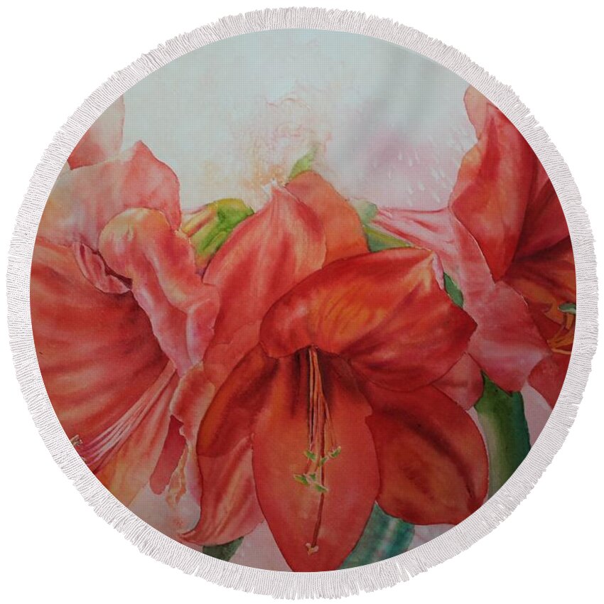 Flowers Round Beach Towel featuring the painting Amarylis by Ruth Kamenev