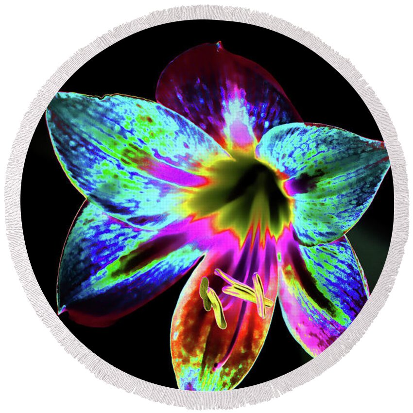 Flower Round Beach Towel featuring the mixed media Amaryllis in Neon by Lesa Fine