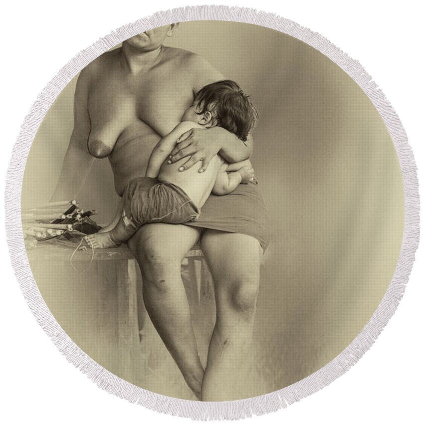 Amazon Round Beach Towel featuring the photograph Amazon Mother and Child by Maria Coulson