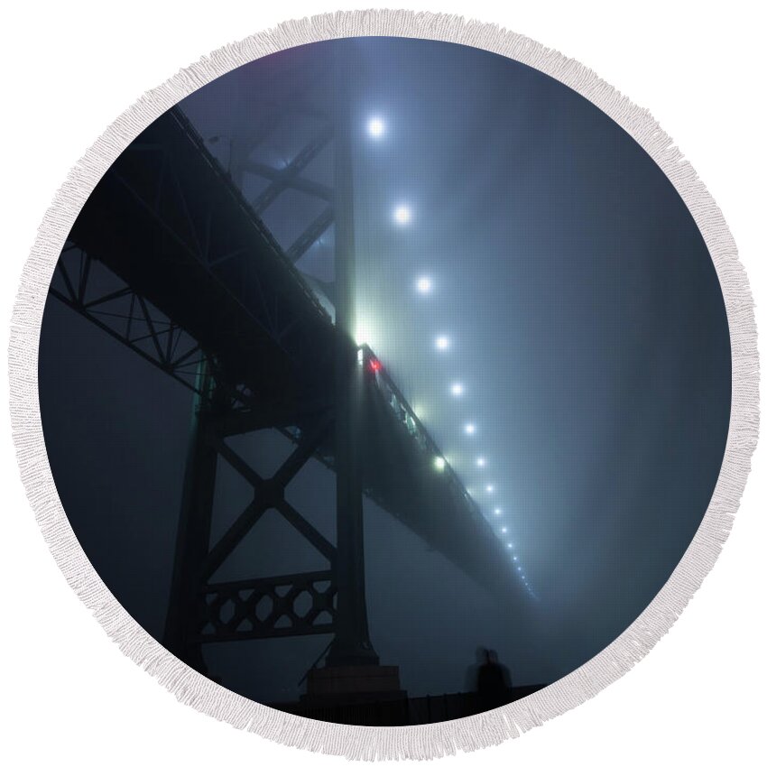 Ambassador Bridge Round Beach Towel featuring the photograph Ambassador Bridge in Fog by Cale Best