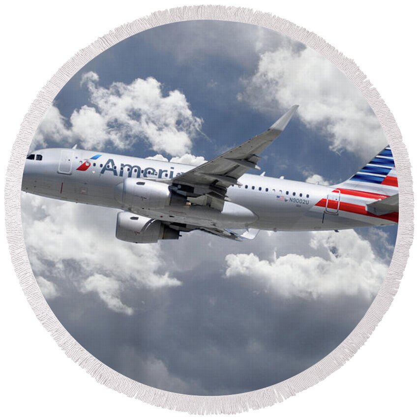Airbus Round Beach Towel featuring the digital art American Airlines Airbus A319 by Airpower Art