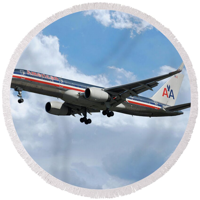 Boeing Round Beach Towel featuring the digital art American Airlines Boeing 757 by Airpower Art