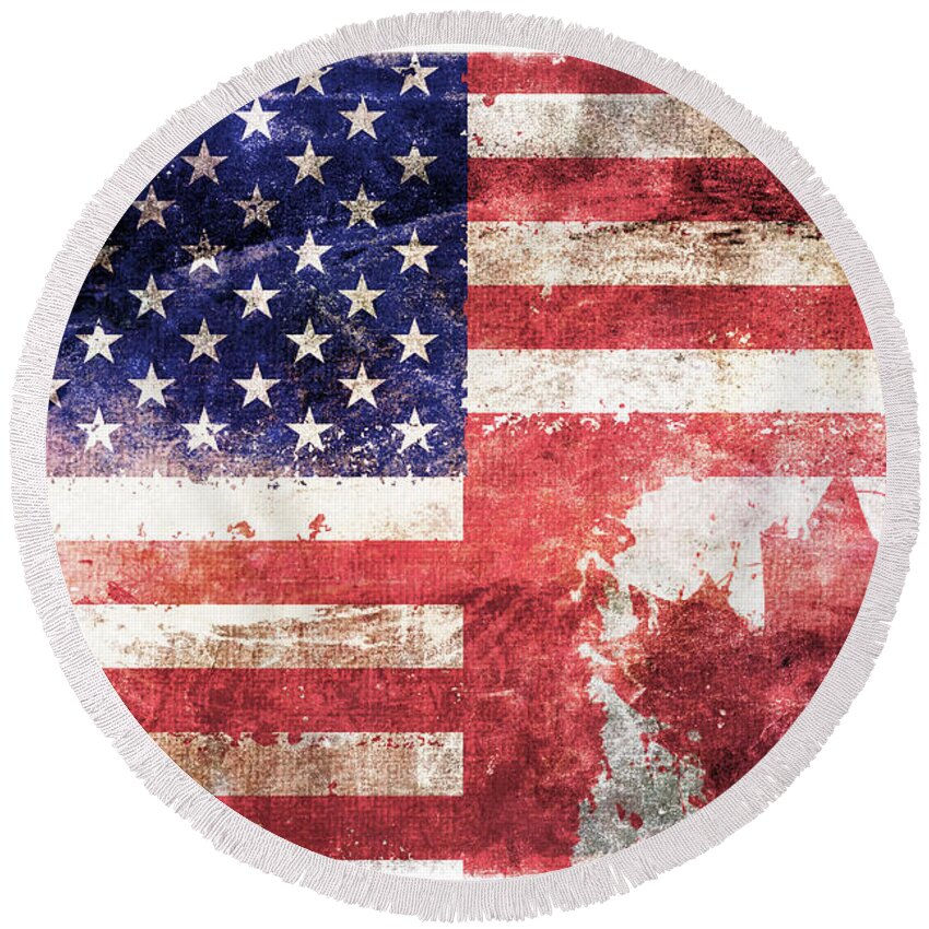 Composite Round Beach Towel featuring the digital art American Canadian Tattered Flag by Az Jackson