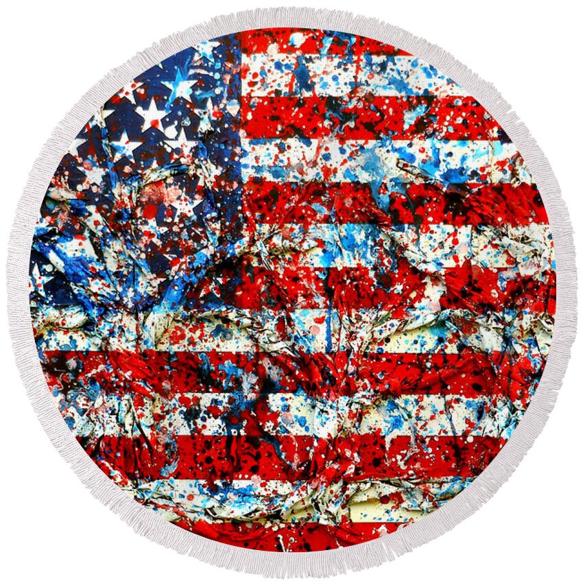 American Flag Round Beach Towel featuring the painting American Flag abstract With Trees by Genevieve Esson