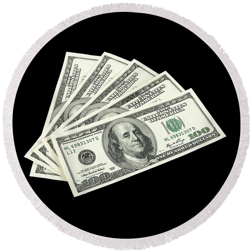 Money Round Beach Towel featuring the photograph American money on black background by GoodMood Art