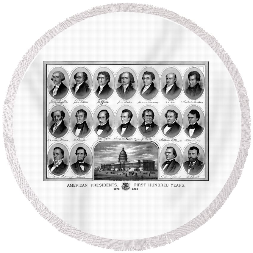 Us Presidents Round Beach Towel featuring the mixed media American Presidents First Hundred Years by War Is Hell Store