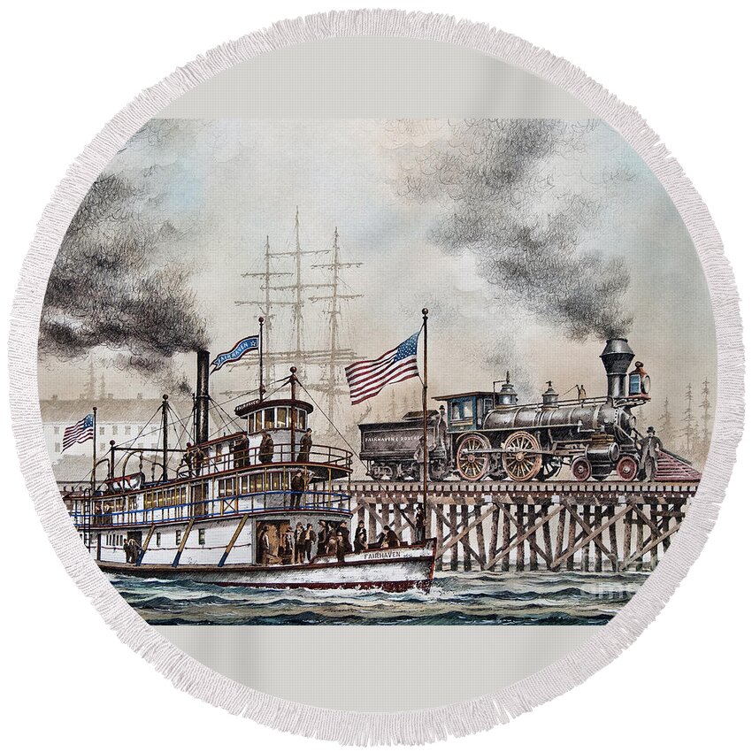 Steam Round Beach Towel featuring the painting American Steam by James Williamson