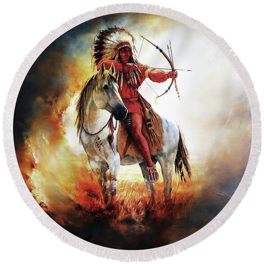 Native American Round Beach Towel featuring the painting American Warriors 78 by Gull G