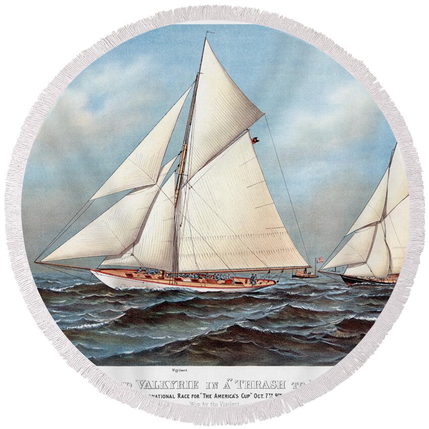 1883 Round Beach Towel featuring the photograph Americas Cup, 1883 by Granger
