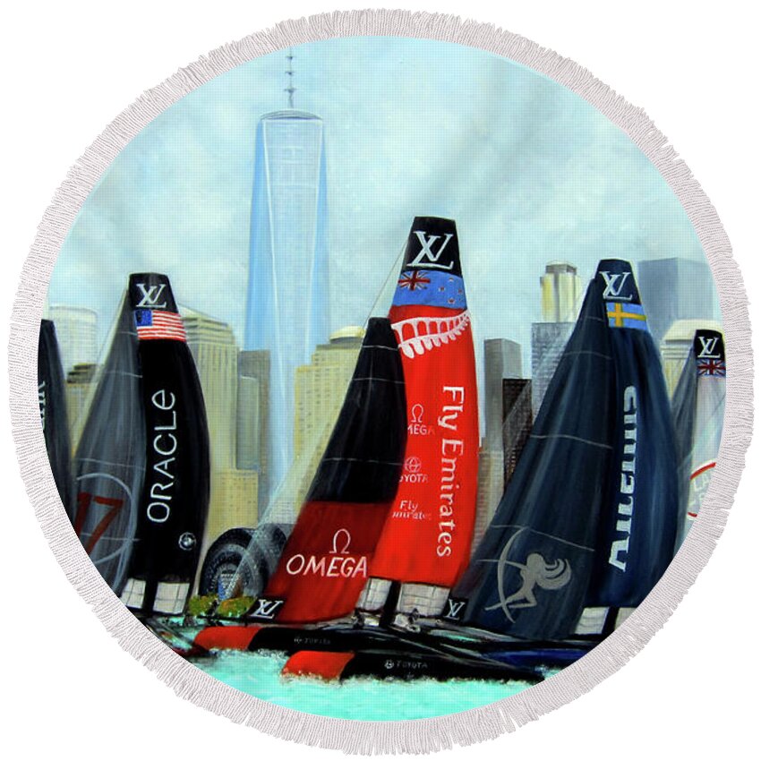 Americas Cup Sailing Race Round Beach Towel featuring the painting America's Cup New York City by Leonardo Ruggieri