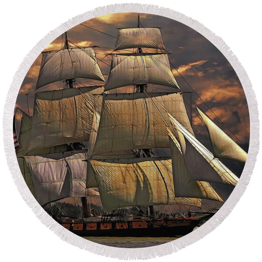 America's Ship Round Beach Towel featuring the painting America's Ship by Harry Warrick