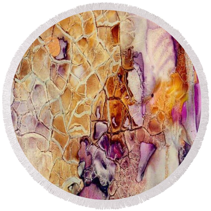 Abstract Round Beach Towel featuring the painting Amethyst and Copper 1 by Susan Kubes