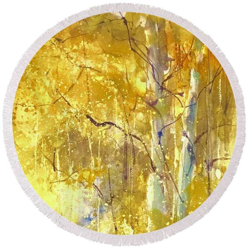Colorado Round Beach Towel featuring the painting Among the Aspens by Sandra Strohschein