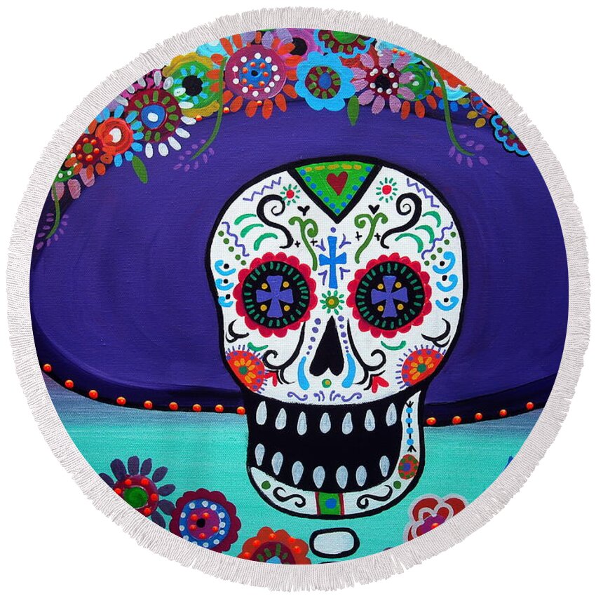 Day Of The Dead Round Beach Towel featuring the painting Amor Catrina by Pristine Cartera Turkus