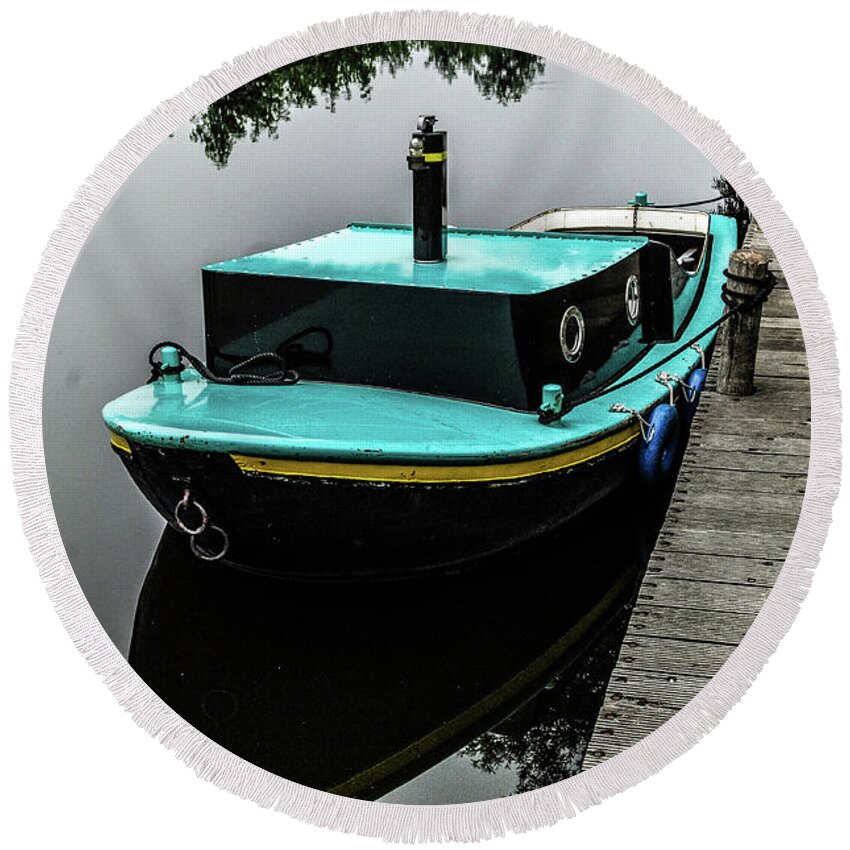 Boat Amsterdam Canal Round Beach Towel featuring the photograph Amsterdam Turquoise Boat by William Kimble