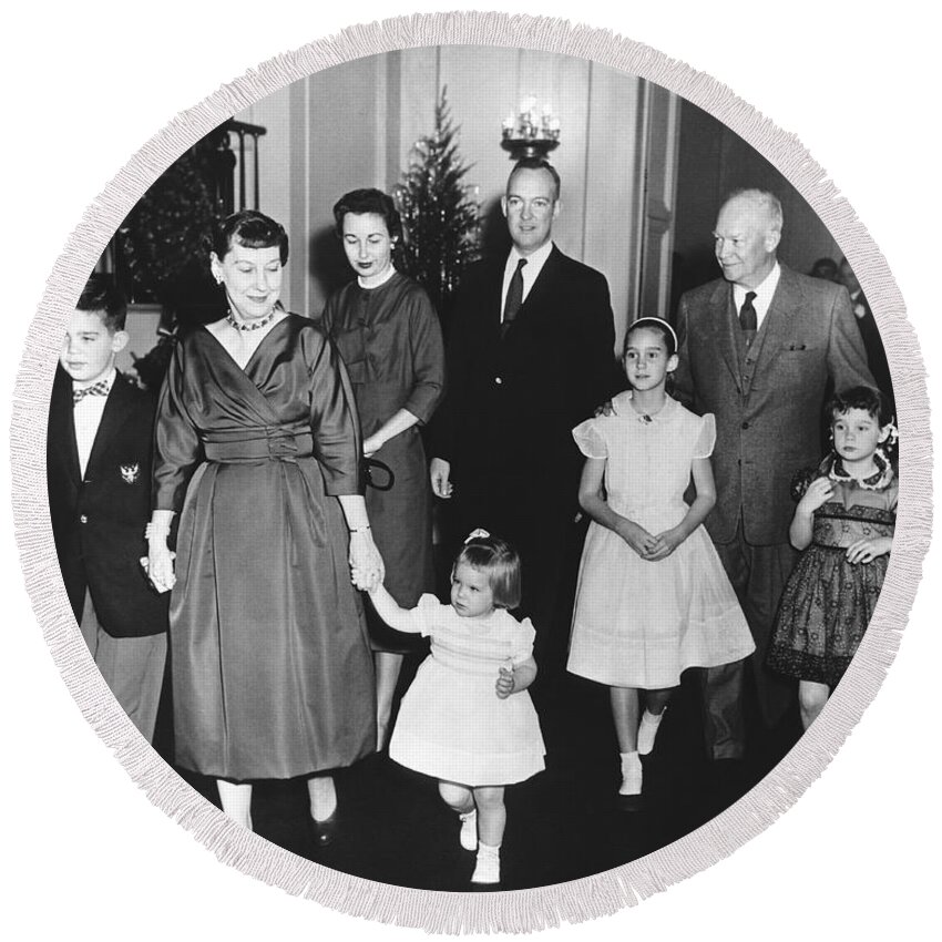 1950s Round Beach Towel featuring the photograph An Eisenhower Christmas by Underwood Archives