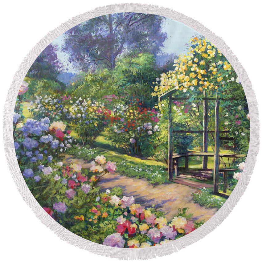 Landscape Round Beach Towel featuring the painting An Evening Rose Garden by David Lloyd Glover