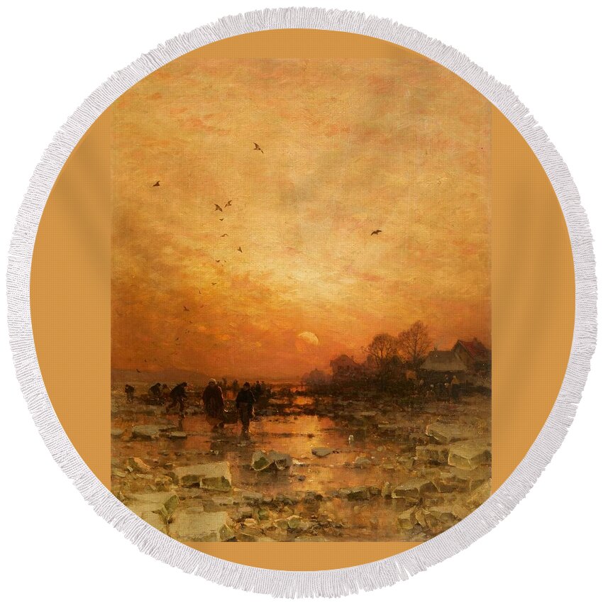 Ludwig Munthe Round Beach Towel featuring the painting An Evening Winter Landscape by MotionAge Designs