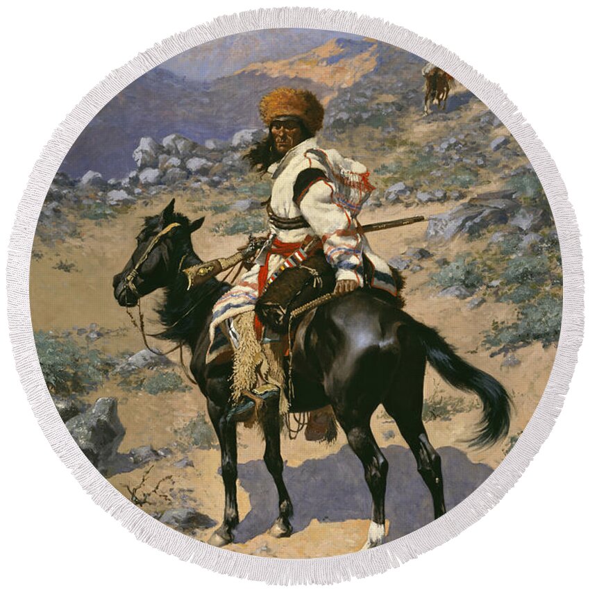 Frederic Remington Round Beach Towel featuring the painting An Indian Trapper by Frederic Remington