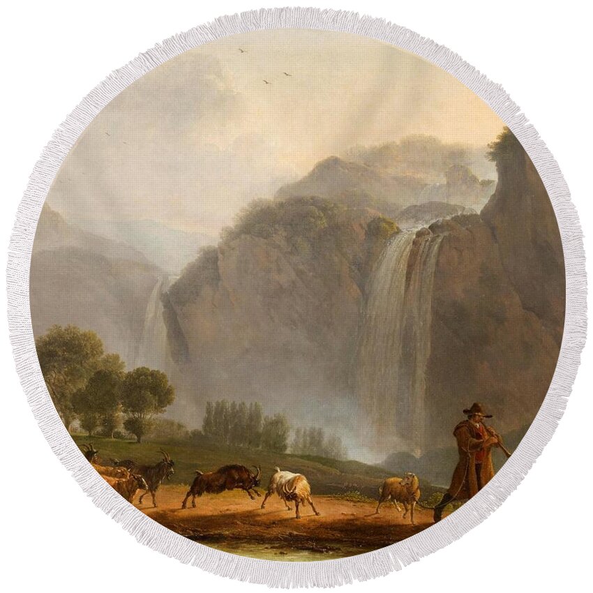 Simon Denis (antwerp 1755 - 1813 Naples) Round Beach Towel featuring the painting An Italianate Mountain Landscape by MotionAge Designs