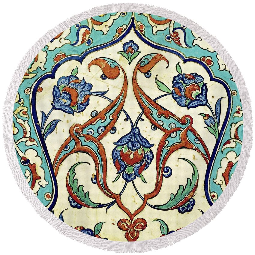 Turkish Round Beach Towel featuring the painting An Iznik Polychrome Tile, Turkey, circa 1580, by Adam Asar, No 20k by Celestial Images