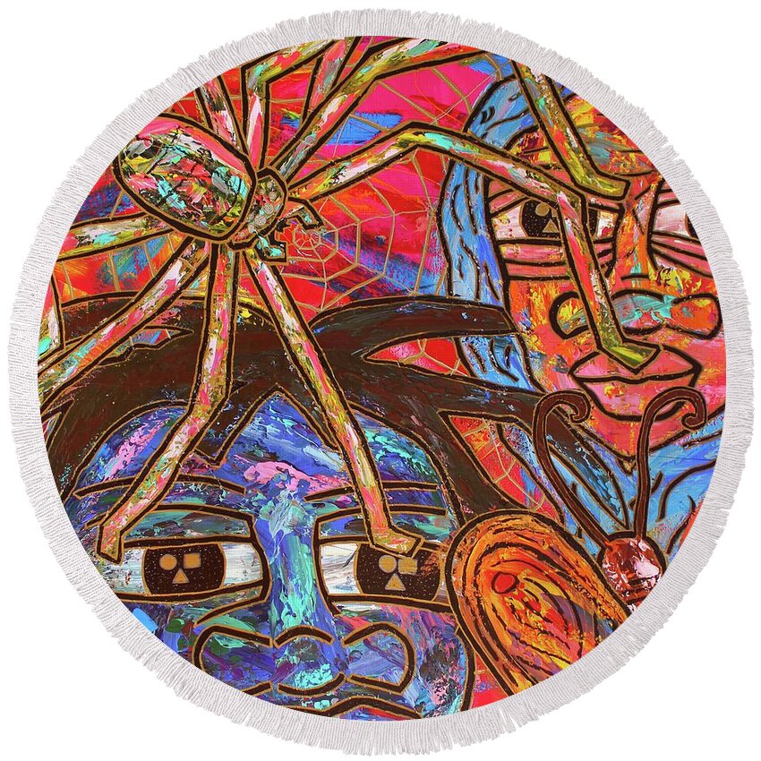 Acrylic Round Beach Towel featuring the painting Anansi's Web by Odalo Wasikhongo